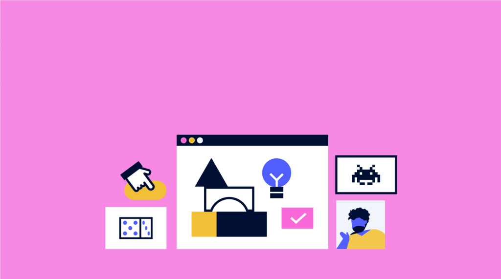 iconos sobre fondo rosa para sugerir la gamificación en educación