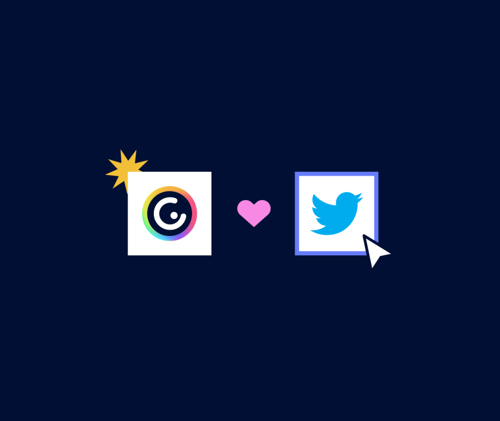 Logo Genially et Twitter sur fond noir, avec un cœur rose