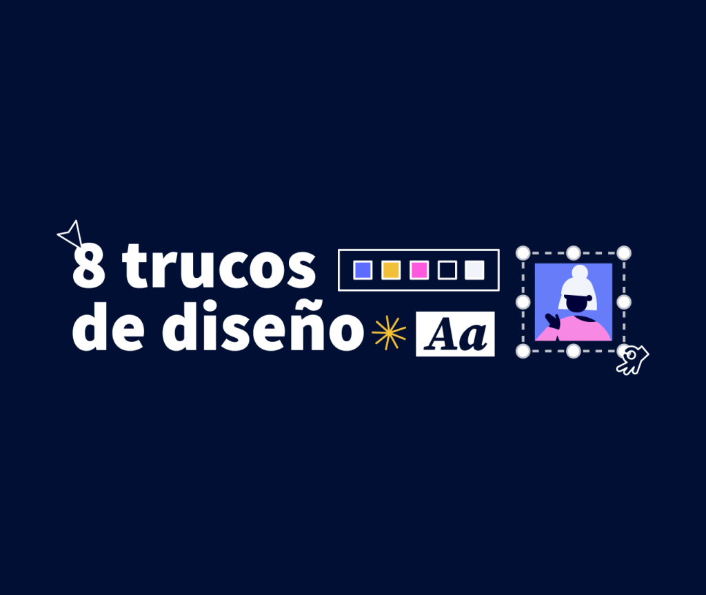Frase '8 trucos de diseño' en letras blancas sobre fondo negro, con cuadraditos e iconos en colores rosa, amarillo y azul