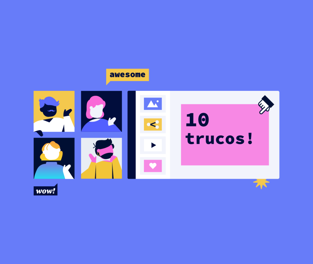 Ilustraciones de personas y de un PC con las palabras '10 trucos' en la pantalla, sobre fondo azul. Post 'Trucos de Genially'