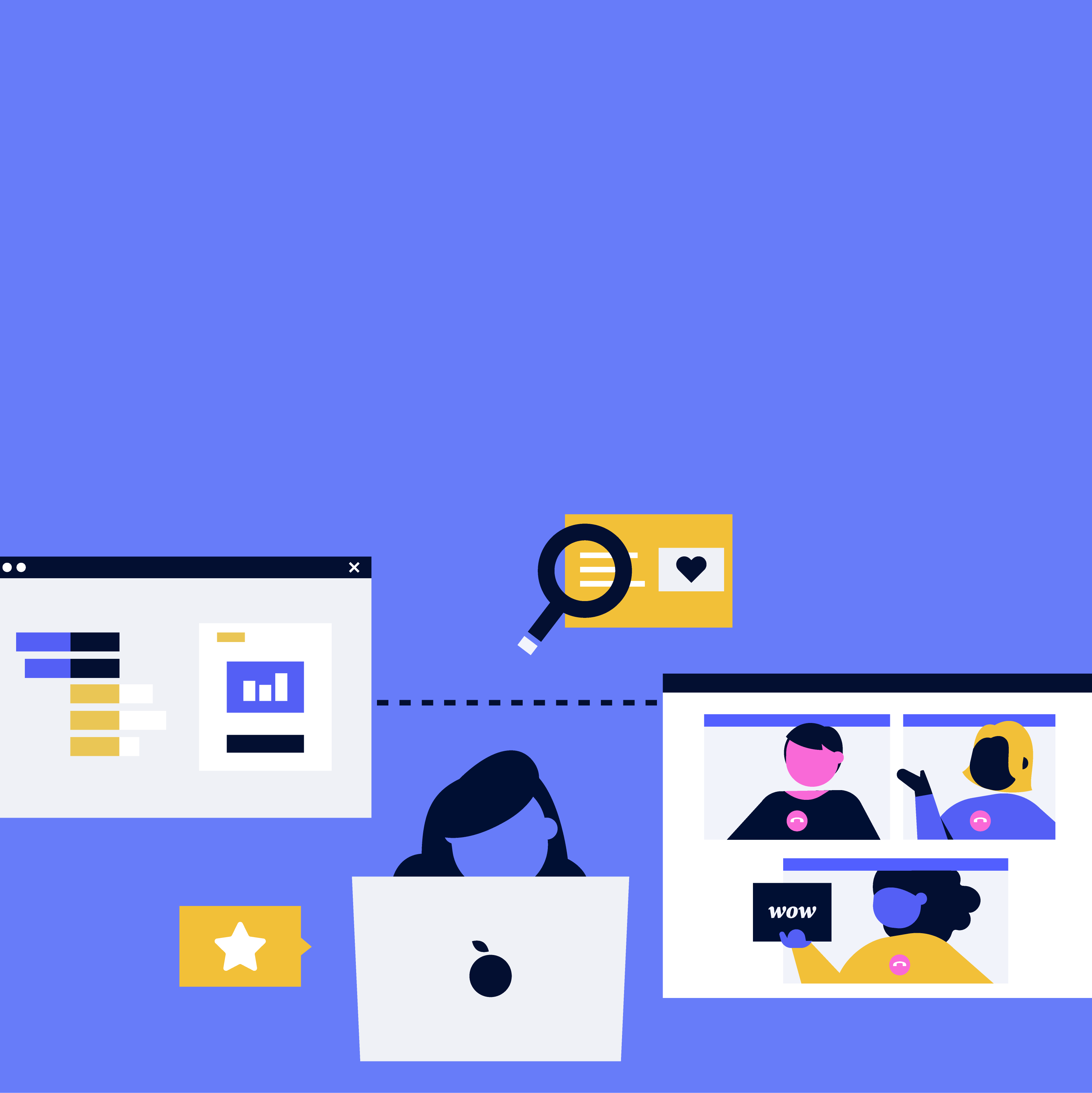 ilustraciones e iconos sobre fondo azul que sugieren la formación en empresas y el uso de una herramienta de autor