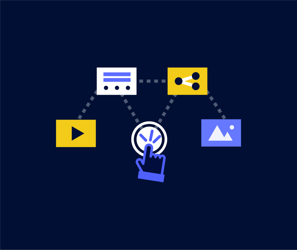 Dessin avec des icônes et une main cliquant sur un bouton pour suggérer le concept de design interactif.
