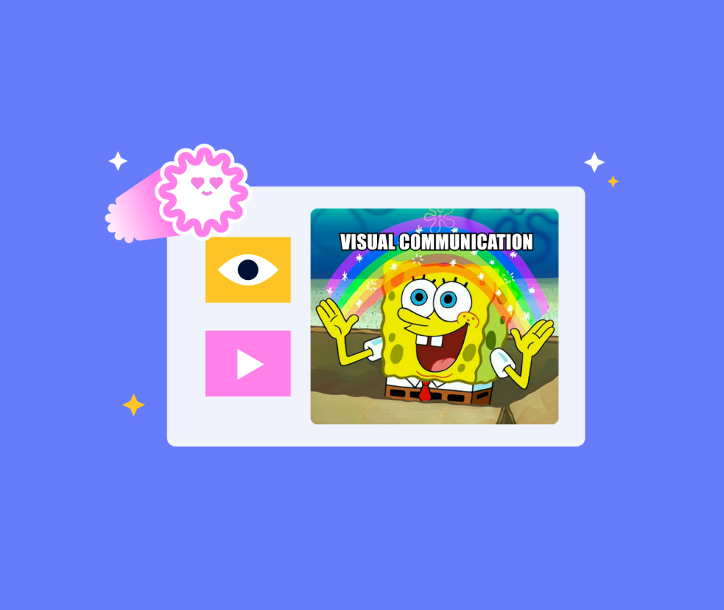 Memé de Bob l'éponge avec les mots "communication visuelle" et des icônes sur fond bleu.