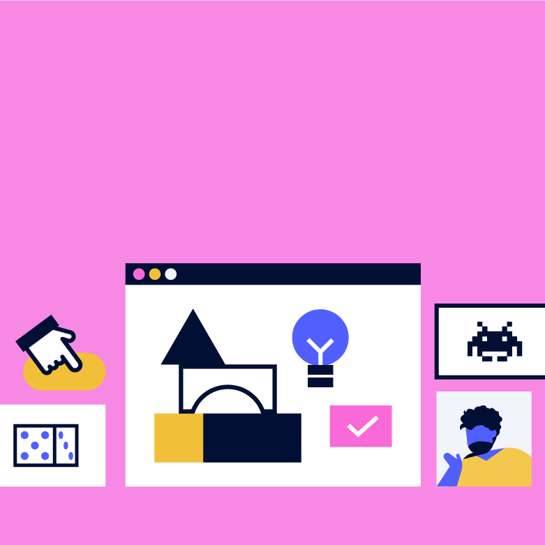 iconos sobre fondo rosa para sugerir la gamificación en educación