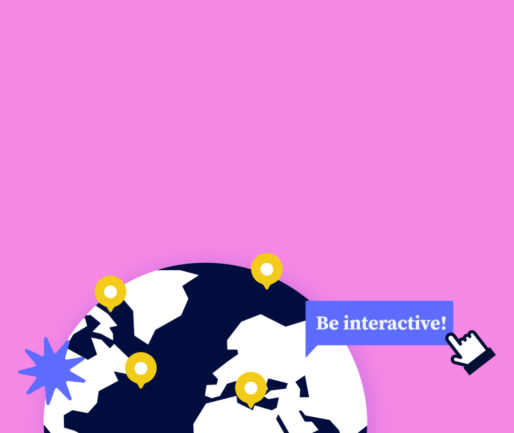 Globo em fundo cor-de-rosa com ícones amarelos para representar um mapa interativo.