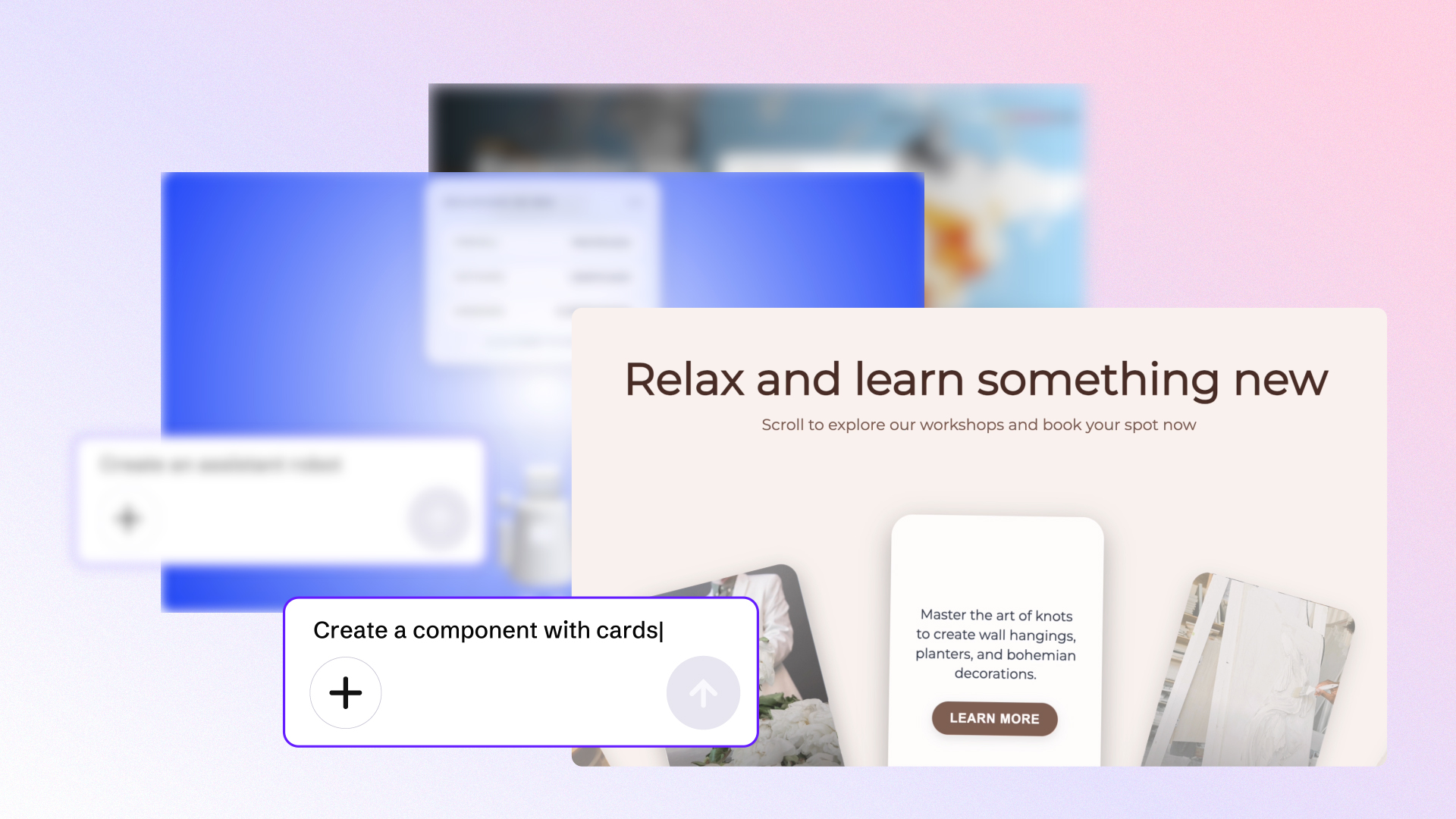 Imagen ilustrando Genially AI Builder: un asistente conversacional para crear contenidos interactivos con IA. Muestra un cuadro de texto donde está escrito “Create a component with cards”, sobre un fondo creativo y dinámico.