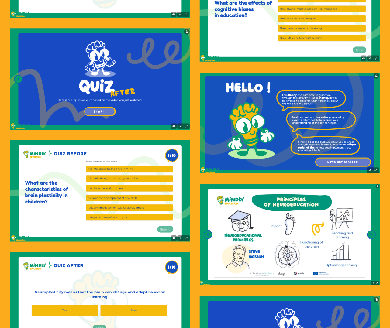 Captura de una experiencia interactiva de Mindly Education sobre neuroeducación. La imagen muestra varias pantallas del recurso, incluyendo una introducción con un personaje animado, cuestionarios antes y después del aprendizaje, preguntas sobre sesgos cognitivos y plasticidad cerebral, y una diapositiva sobre los principios de la neuroeducación. El diseño utiliza colores azul, verde y amarillo, con elementos visuales lúdicos orientados a la formación y la evaluación educativa.