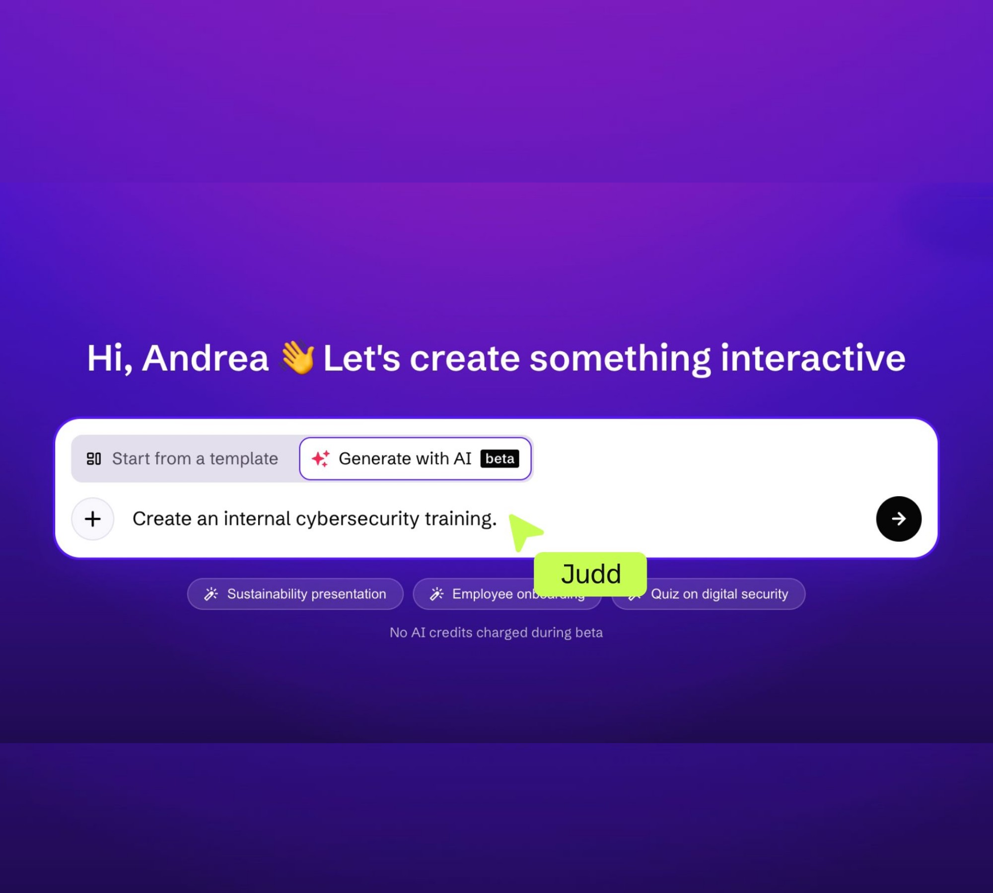 Interfaz de Genially mostrando cómo generar un Genially con IA mediante una instrucción de texto para crear una formación interna sobre ciberseguridad.