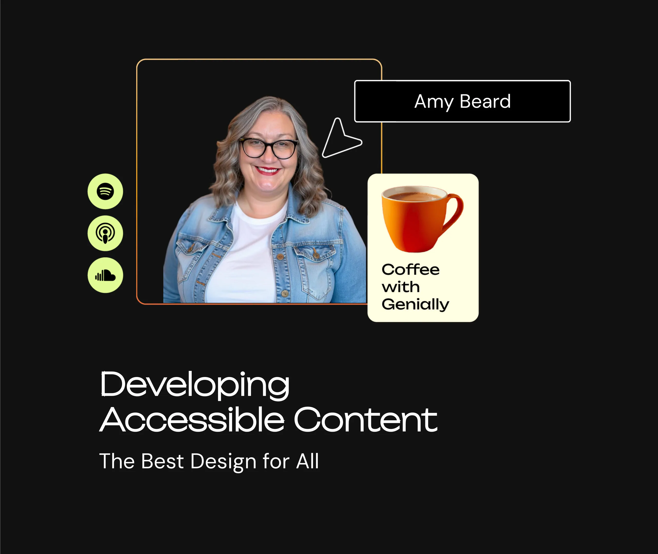 Smiling woman with gray wavy hair, glasses and a denim jacket on a dark podcast cover with a coffee cup card